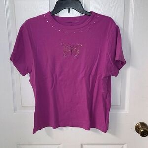 Cruisewear & Company Womens Magenta Short Sleeve Butterfly Rhinestone Shirt XL